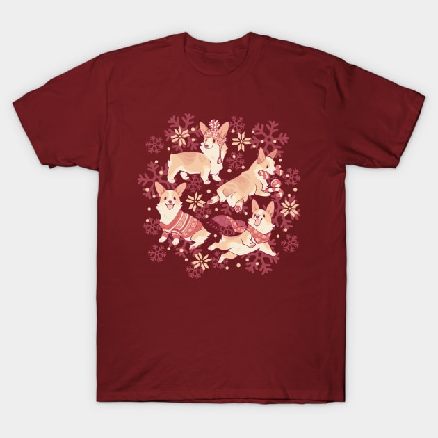 winter corgis in crimson T-Shirt by Colordrilos